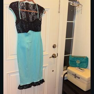 Rare Vintage PINUP COUTURE Blue n Black Lace Wiggle Dress w Sweetheart Neck Line